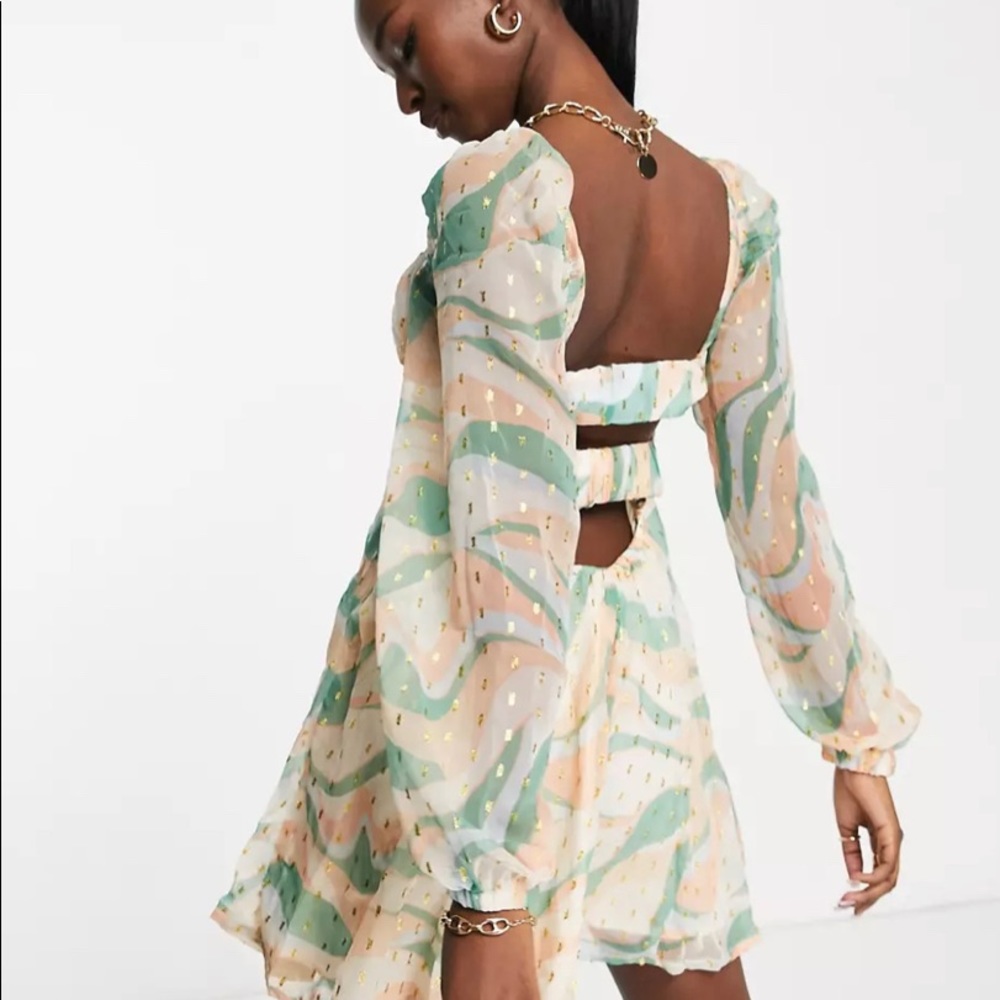 ASOS metallic textured godet mini skater dress with strappy back in swirly print - Picture 4 of 5
